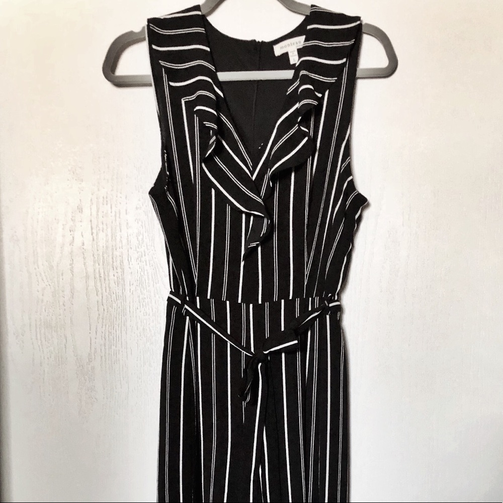 Monteau || Black & White vertical striped jumpsuit